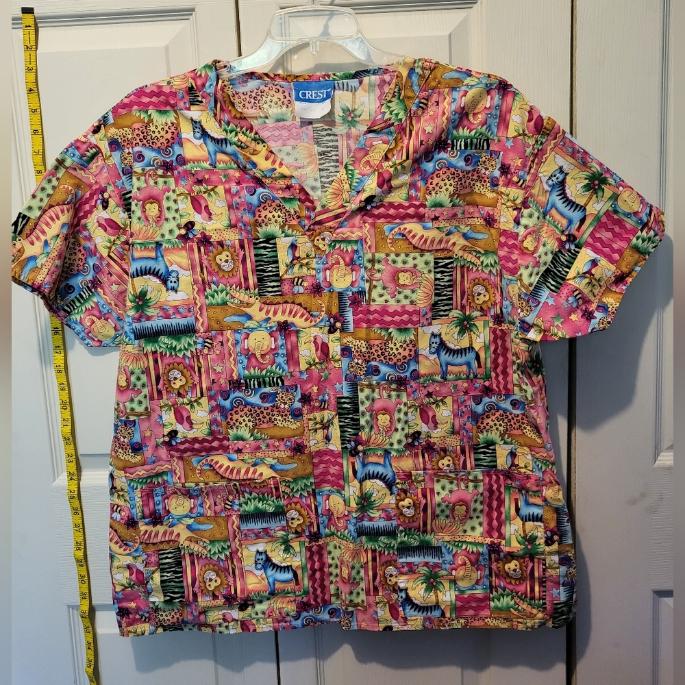 Cheerful animals and prints, 2 pocket, v neck scrub top by Crest